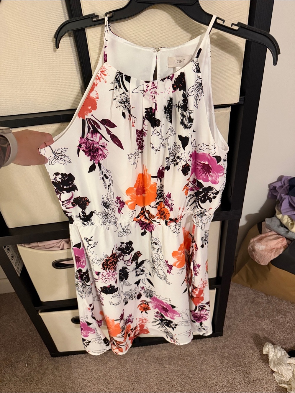 LOFT White Floral Halter Dress with Pink & Orange Blooms
